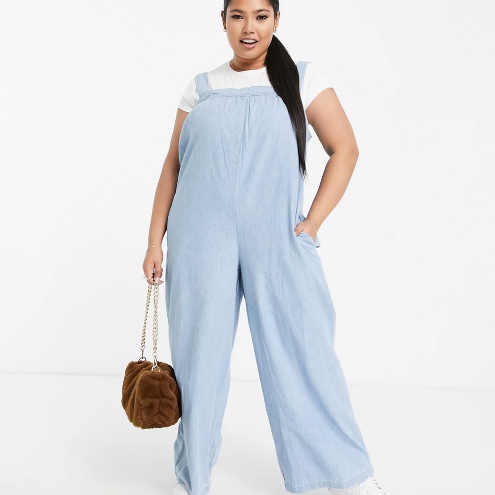 ASOS Design curve soft denim smock jumpsuit in light wash size 24